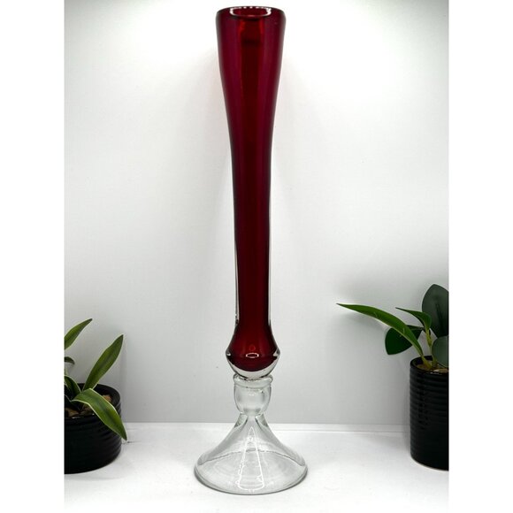 Tall Elegant Red & Clear Glass Vase For Home Decor Or Floral Arrangements - Picture 2 of 8